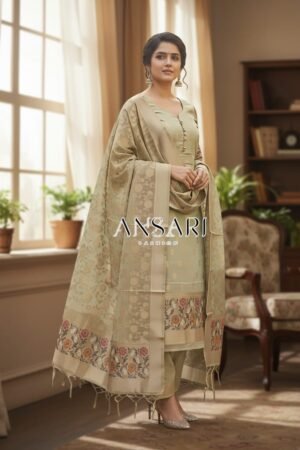 Banarasi Jamdani Cotton Suit – Elegant golden Classic Set