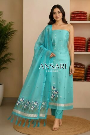 Banarasi Jamdani Cotton Suit sea green Floral Weaving