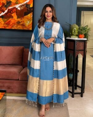 Banarasi Suit Blue Cotton with White Stripe Dupatta