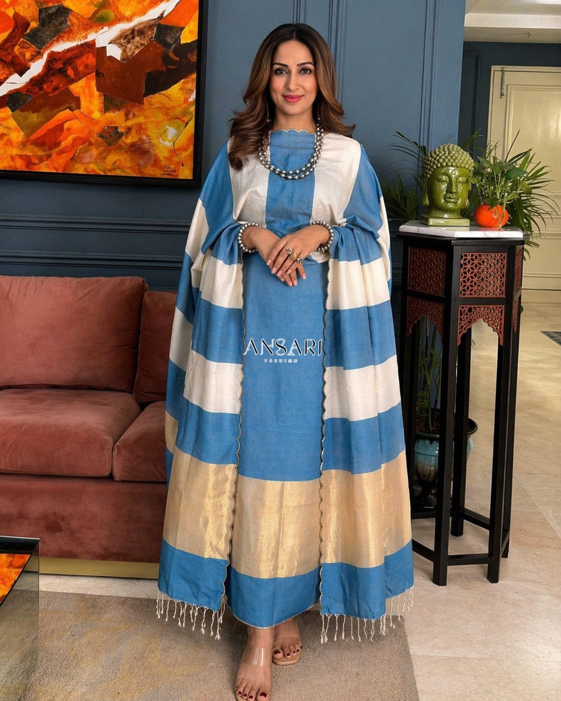 Banarasi Suit Blue Cotton with White Stripe Dupatta