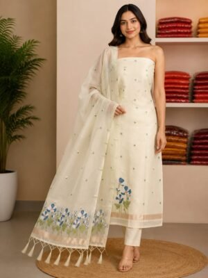 Banarasi Suit Cream Floral Jamdani Cotton unstitched suits
