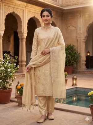 Beige Banarasi Pure Mul Chanderi Appliqué Embroidery Suit Set