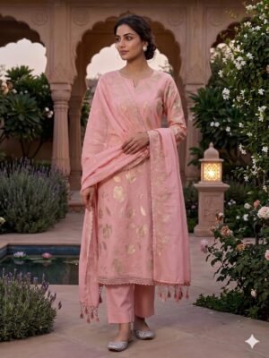 Blush Pink Banarasi Pure Mul Chanderi Appliqué Embroidery Suit Set
