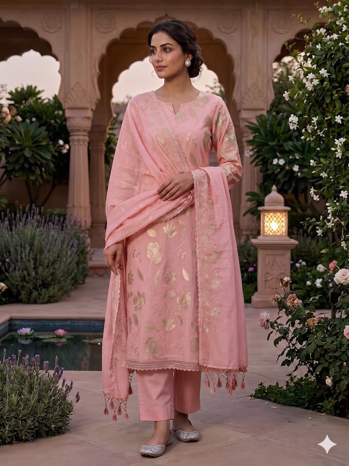 Blush Pink Banarasi Pure Mul Chanderi Appliqué Embroidery Suit Set