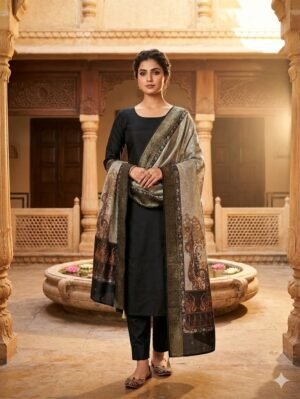 Elegant Black Banarasi Cotton Silk Suit with Digital Print Dupatta