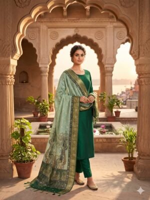 Elegant Emerald Green Banarasi Cotton Silk Suit with Digital Print Dupatta