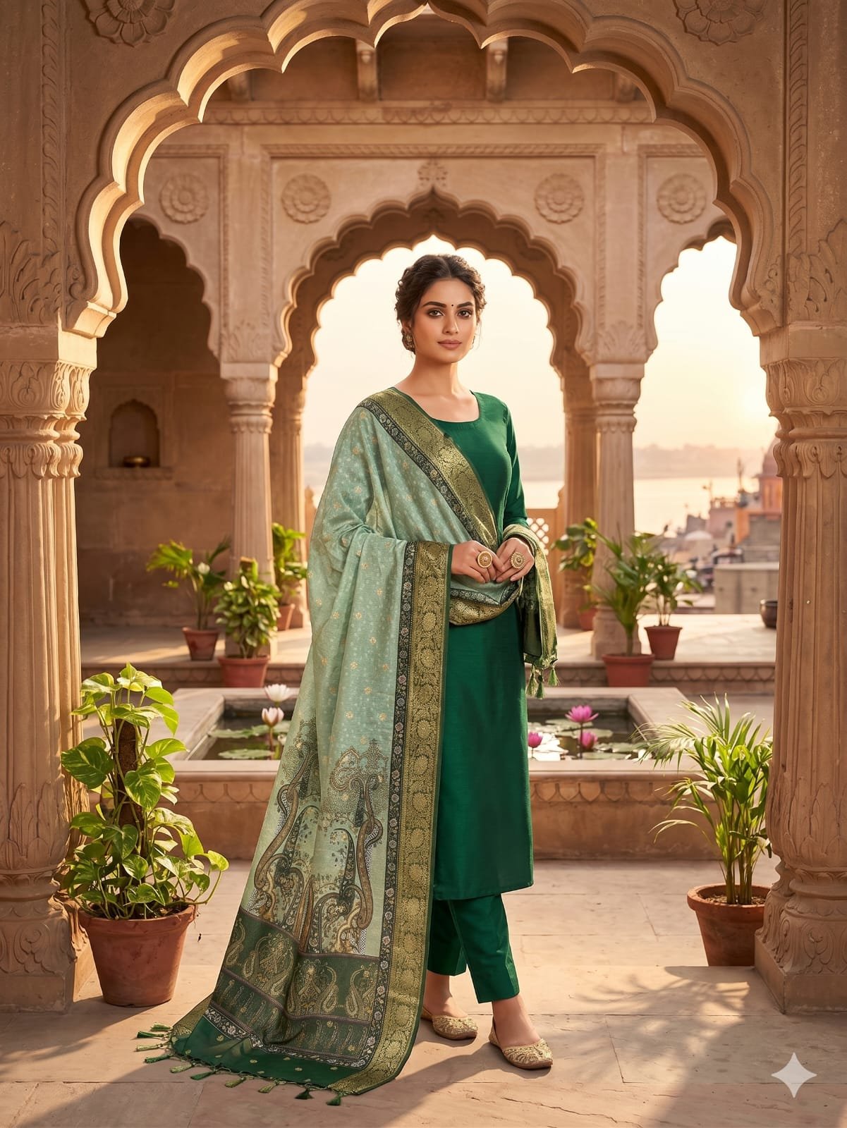 Elegant Emerald Green Banarasi Cotton Silk Suit with Digital Print Dupatta 1 Elegant Emerald Green Banarasi Cotton Silk Suit with Digital Print Dupatta