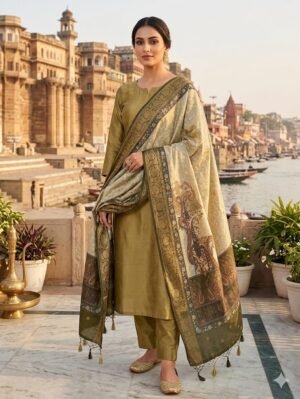 Elegant Olive Green Banarasi Cotton Silk Suit with Digital Print Dupatta