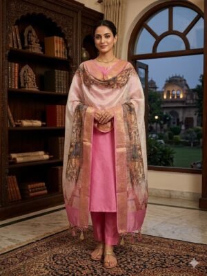 Elegant Pink Banarasi Cotton Silk Suit with Digital Print Dupatta