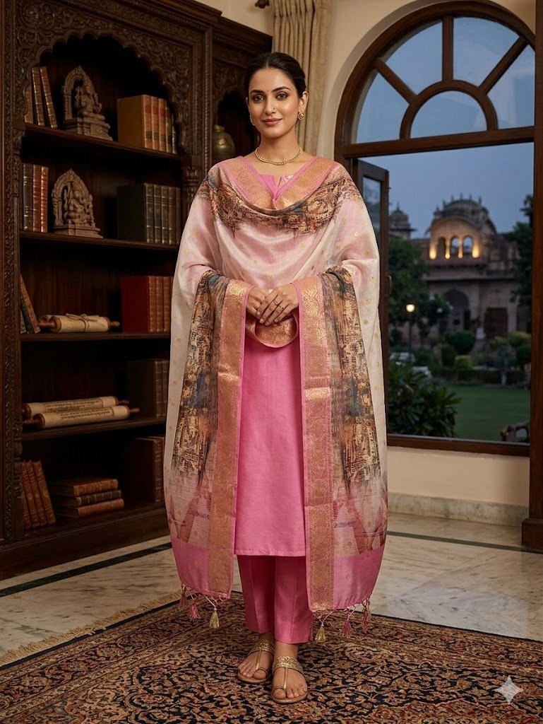 Elegant Pink Banarasi Cotton Silk Suit with Digital Print Dupatta 1 Elegant Pink Banarasi Cotton Silk Suit with Digital Print Dupatta