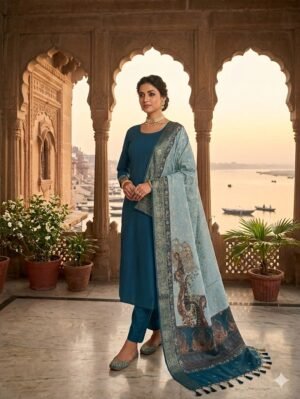 Elegant Teal Blue Banarasi Cotton Silk Suit with Digital Print Dupatta