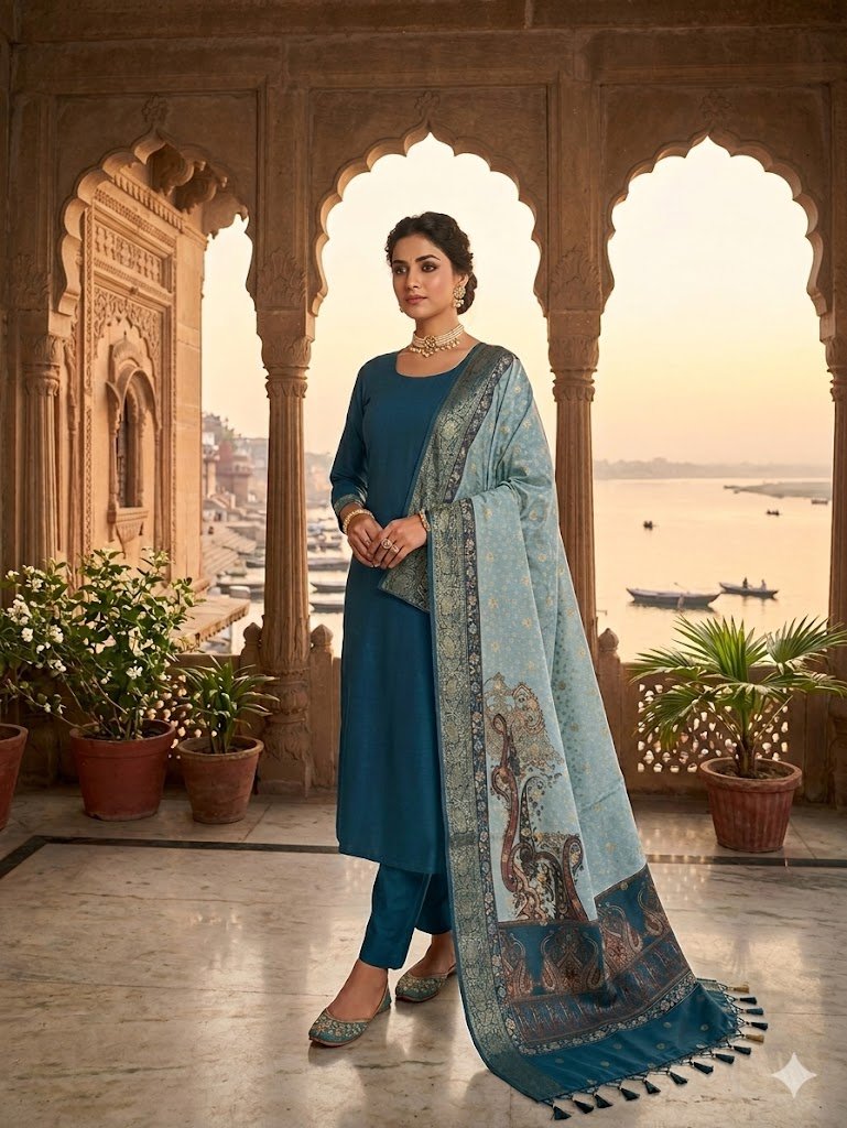 Elegant Teal Blue Banarasi Cotton Silk Suit with Digital Print Dupatta 1 Elegant Teal Blue Banarasi Cotton Silk Suit with Digital Print Dupatta