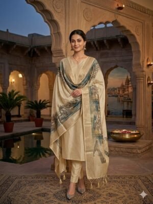 Elegant Tusar Banarasi Cotton Silk Suit with Digital Print Dupatta