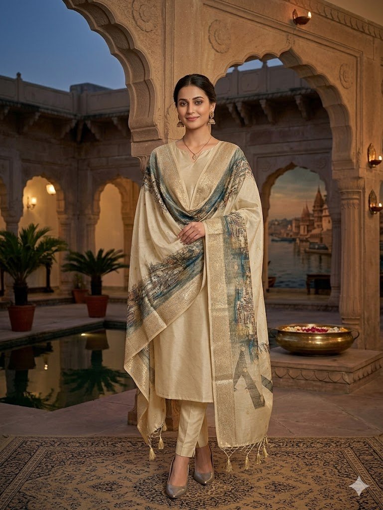 Elegant Tusar Banarasi Cotton Silk Suit with Digital Print Dupatta 1 Elegant Tusar Banarasi Cotton Silk Suit with Digital Print Dupatta