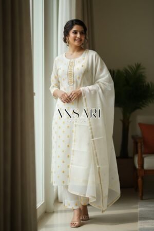 Elegant White Mul Chanderi Banarasi Readymade Suit