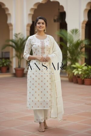 Elegant White Mul Chanderi Banarasi Readymade Suit