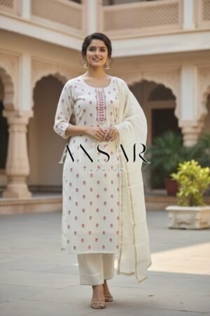 Elegant White Mul Chanderi Banarasi Readymade Suit