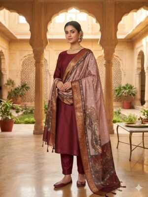 Elegant Wine Banarasi Cotton Silk Suit with Digital Print Dupatta