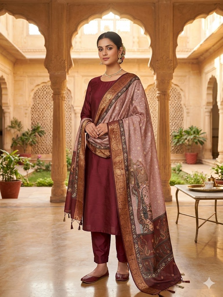 Elegant Wine Banarasi Cotton Silk Suit with Digital Print Dupatta