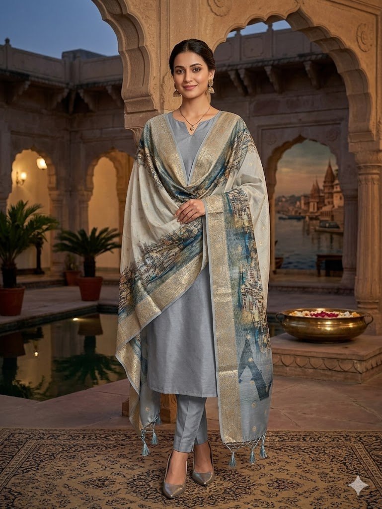 Elegant light grey Grey Banarasi Cotton Silk Suit with Digital Print Dupatta