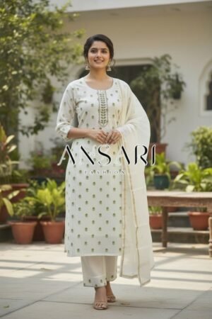 Mul Chanderi Banarasi Zari Resham Buti Readymade Suit