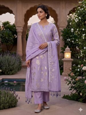 Lavender Banarasi Pure Mul Chanderi Appliqué Embroidery Suit Set