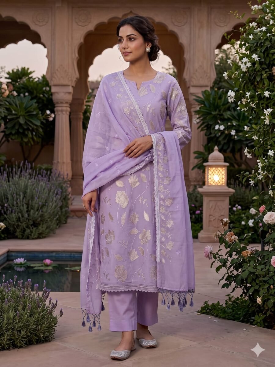 Lavender Banarasi Pure Mul Chanderi Appliqué Embroidery Suit Set