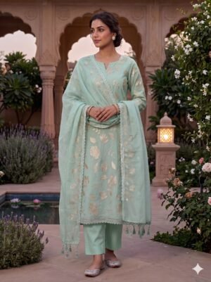 Mint Grace Banarasi Pure Mul Chanderi Appliqué Embroidery Suit Set