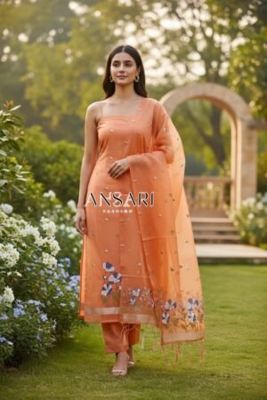 Peach Blossom Banarasi Jamdani Cotton Silk Suit Set
