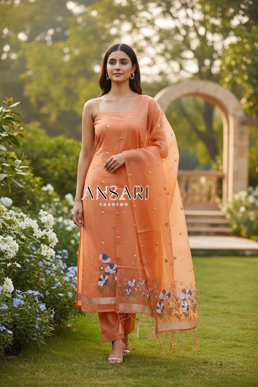 Peach Blossom Banarasi Jamdani Cotton Silk Suit Set
