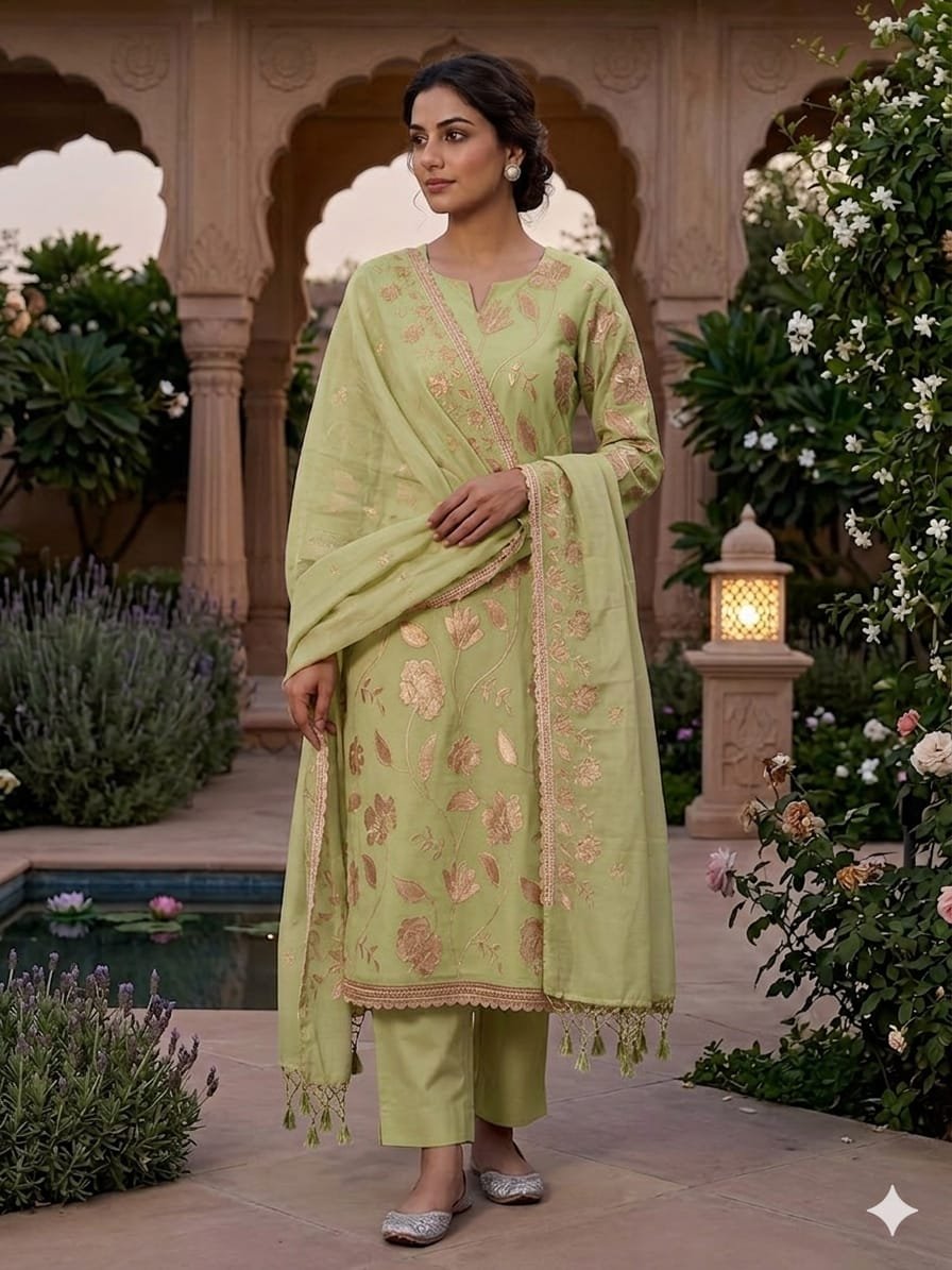Pista green Luxe Banarasi Pure Mul Chanderi Appliqué Embroidery Suit Set
