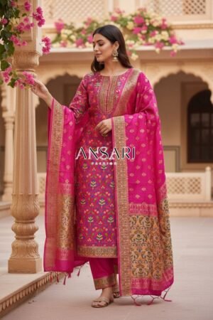 Rani pink Banarasi Silk Suit with Meena Weaving – Matching Top & Dupatta Design | Premium Unstitched 3-Piece Set