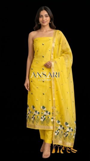 Sunshine Yellow Banarasi Jamdani Cotton Silk Suit Set