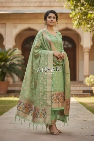 Banarasi Jamdani Cotton Suit – Elegant Pista Green Ethnic Set