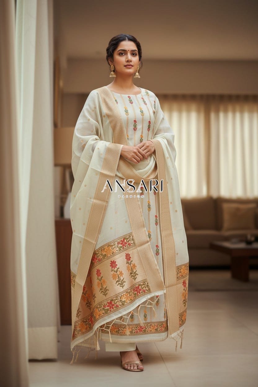 Ivory Elegance – Banarasi Tilfi Meena Jamdani Cotton Suit Set 1 Ivory Elegance – Banarasi Tilfi Meena Jamdani Cotton Suit Set