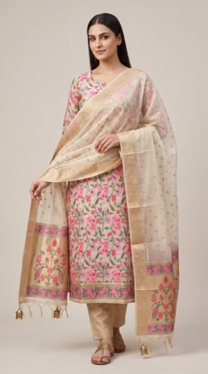 Home 287 Off White Banarasi Cotton Silk Tilfi Meena Suit Material Premium Unstitched 3-Piece Set