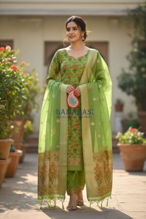 Home 283 Banarasi Suits – Jamdani Silky Cotton Tilfi Meena & Zari Woven with Dupatta – Pista Green