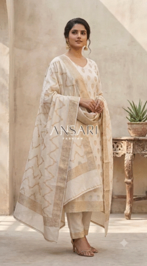 Home 171 Banarasi pure Cotton Suit White Gold zari Weaving