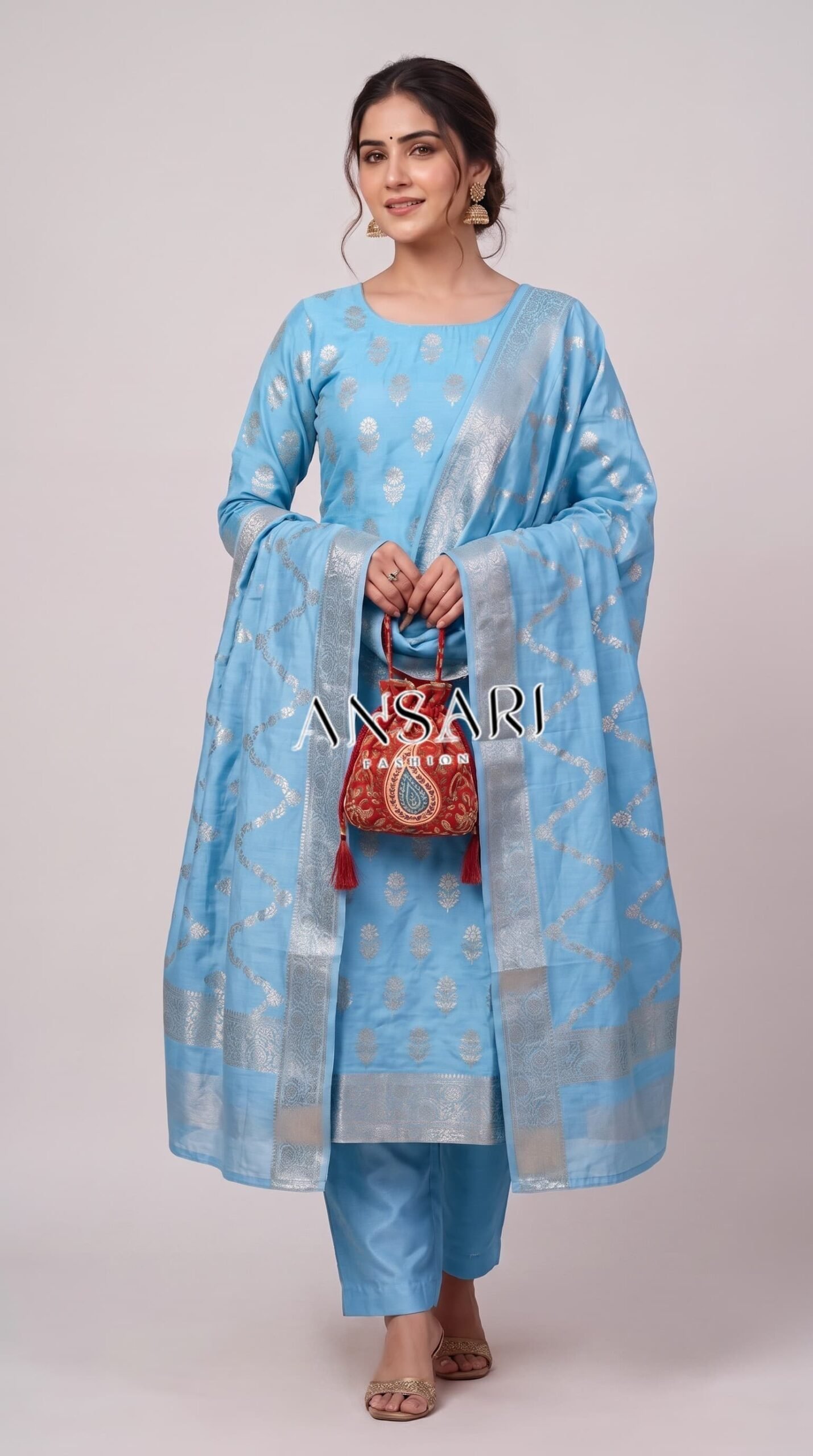Banarasi Cotton Suit – Aqua Blue Silver Zari Elegance 1 Banarasi Cotton Suit – Aqua Blue Silver Zari Elegance