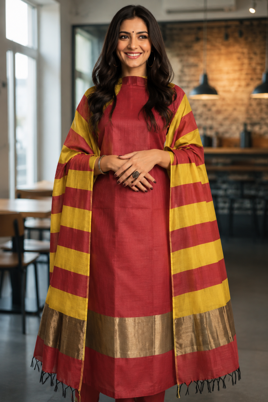 Banarasi Cotton Suit – Maroon & Mustard