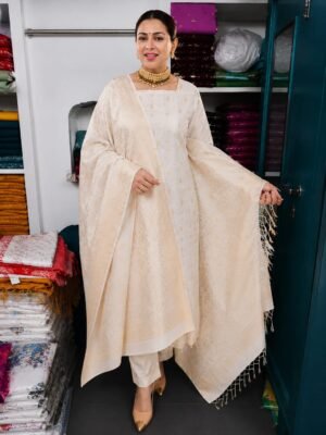 Home 225 Banarasi Cotton Suit – Elegant Cream Buti & Jaal Design