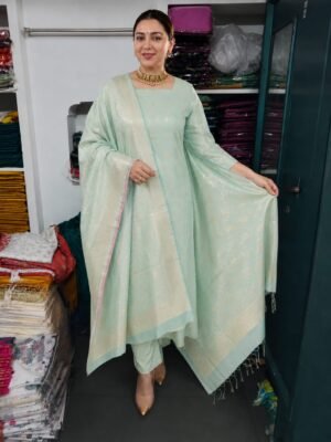 Home 191 Banarasi Cotton Suit – Elegant Mint Green Buti & Jaal Design