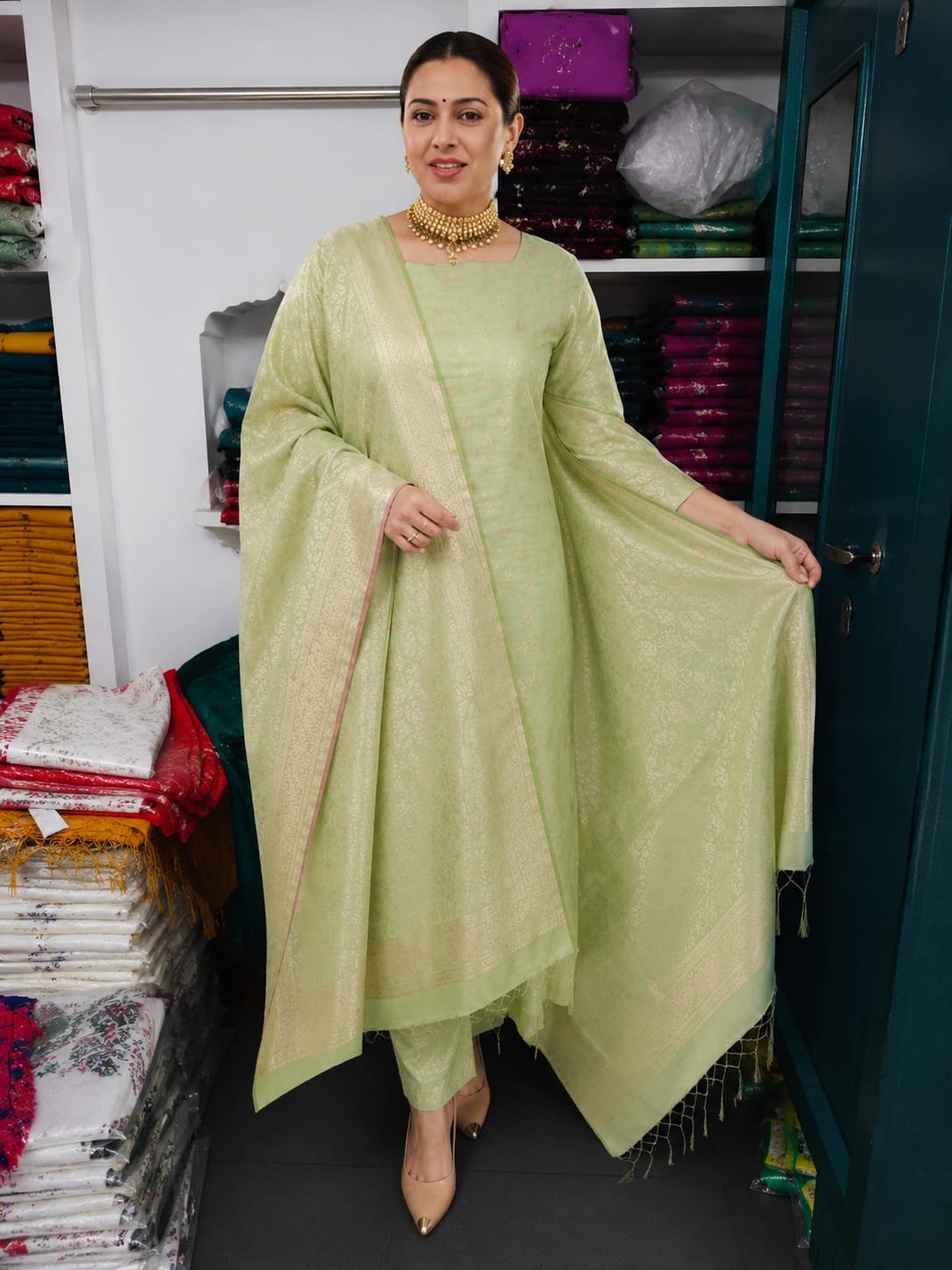 Banarasi Cotton Suit – Elegant Pista Green Buti & Jaal Design