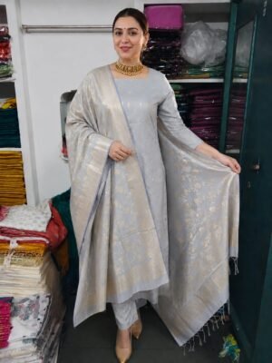 Home 293 Banarasi Cotton Suit – Light Grey