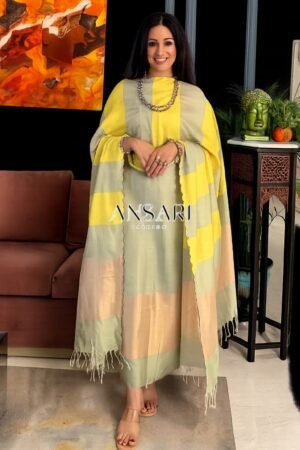 Home 211 Banarasi Cotton Suit light sea green with Lemon Yellow Stripe Elegance