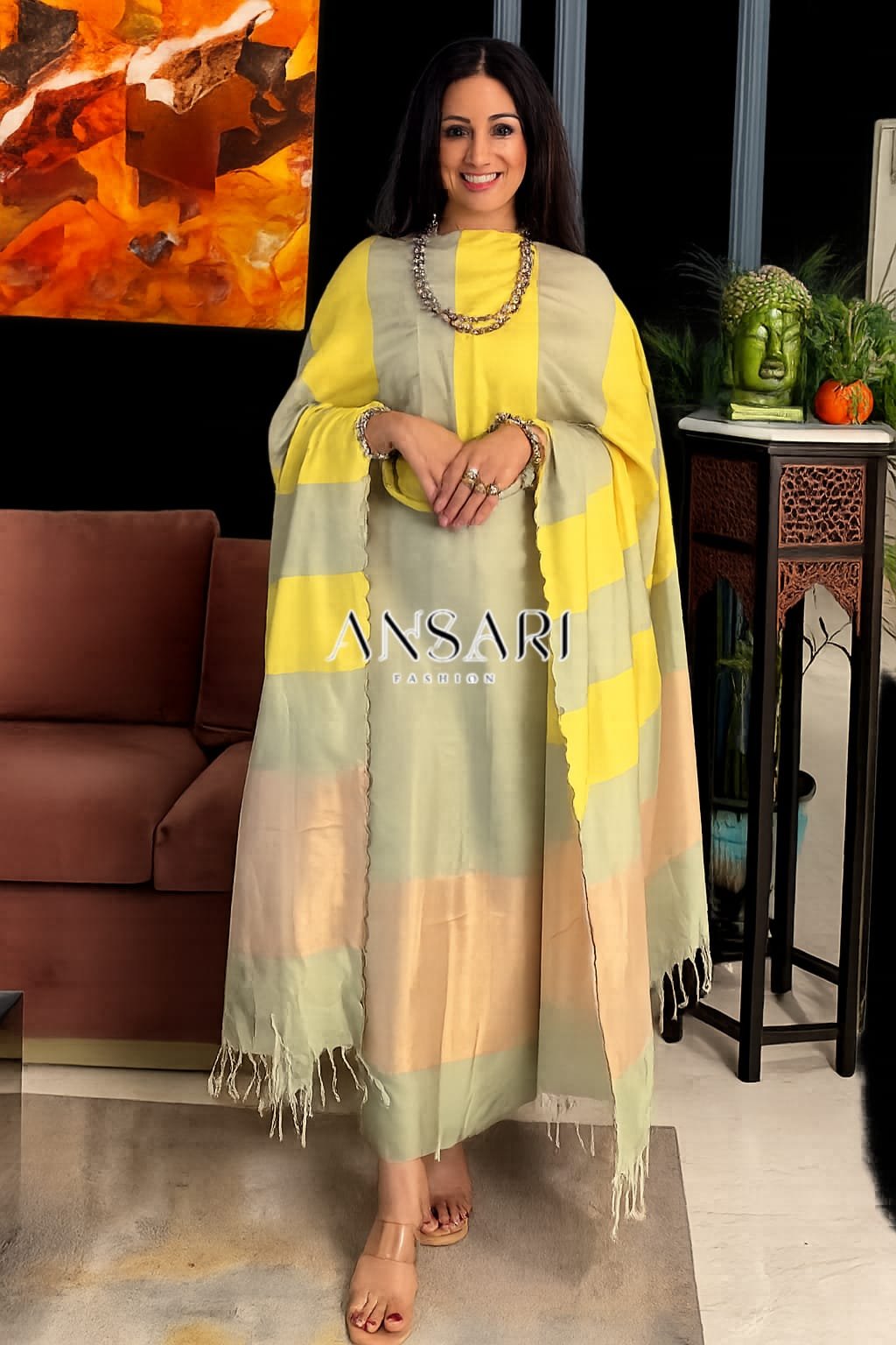 Banarasi Cotton Suit light sea green with Lemon Yellow Stripe Elegance