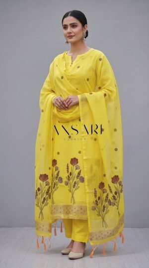 Home 249 Banarasi Jamdani Cotton Silk Suit Set – Lemon Yellow