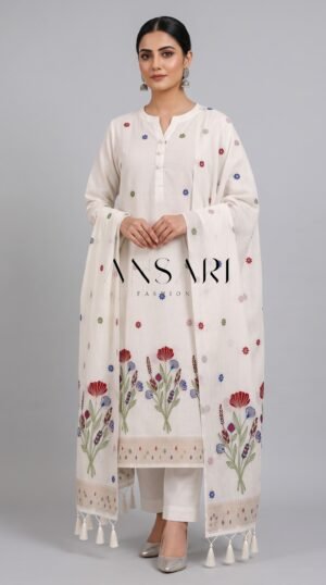 Home 311 Banarasi Jamdani Cotton Silk Suit Set – Off White
