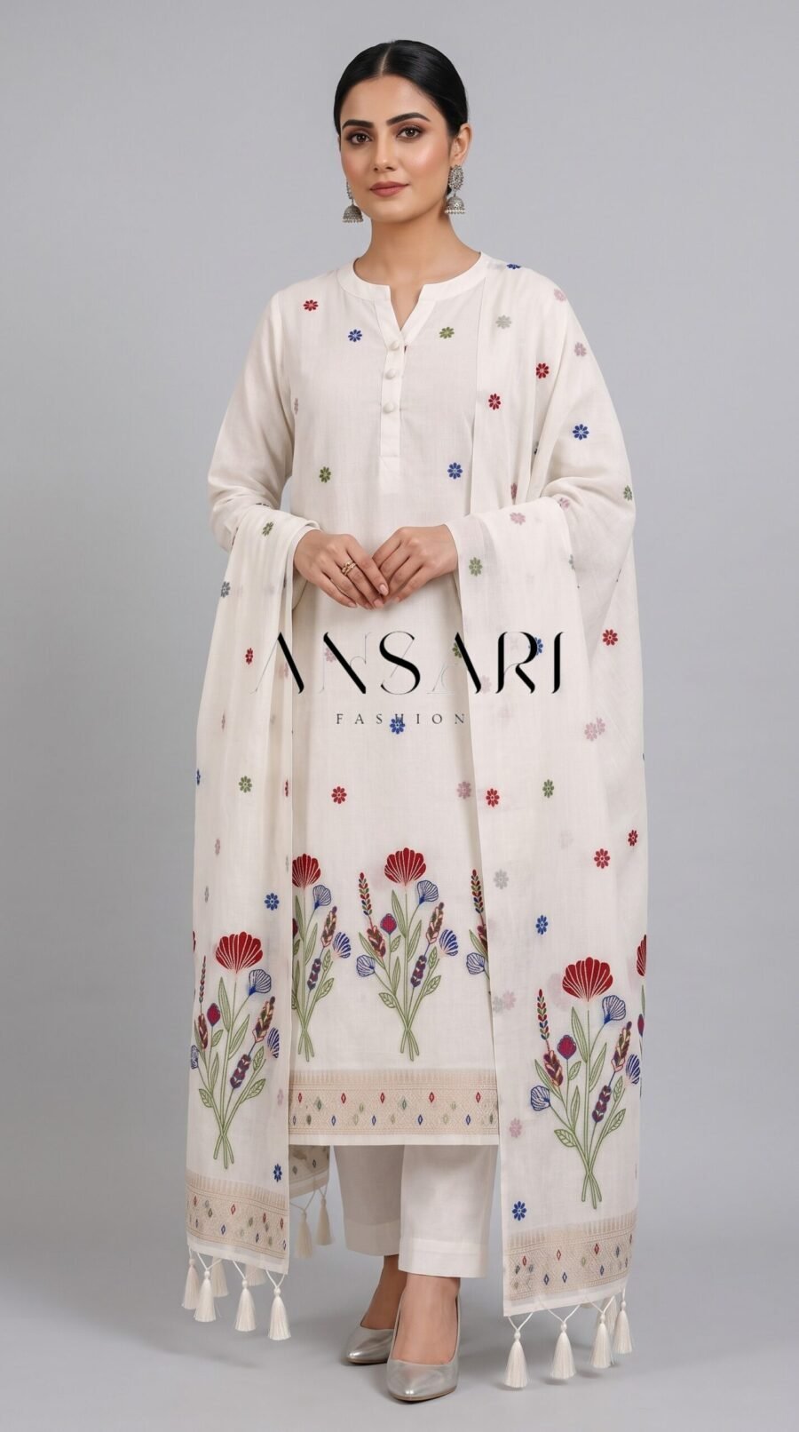 Banarasi Jamdani Cotton Silk Suit Set – Off White
