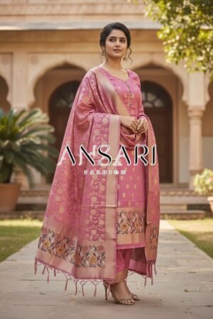 Banarasi Jamdani Cotton Suit Set – Baby Pink